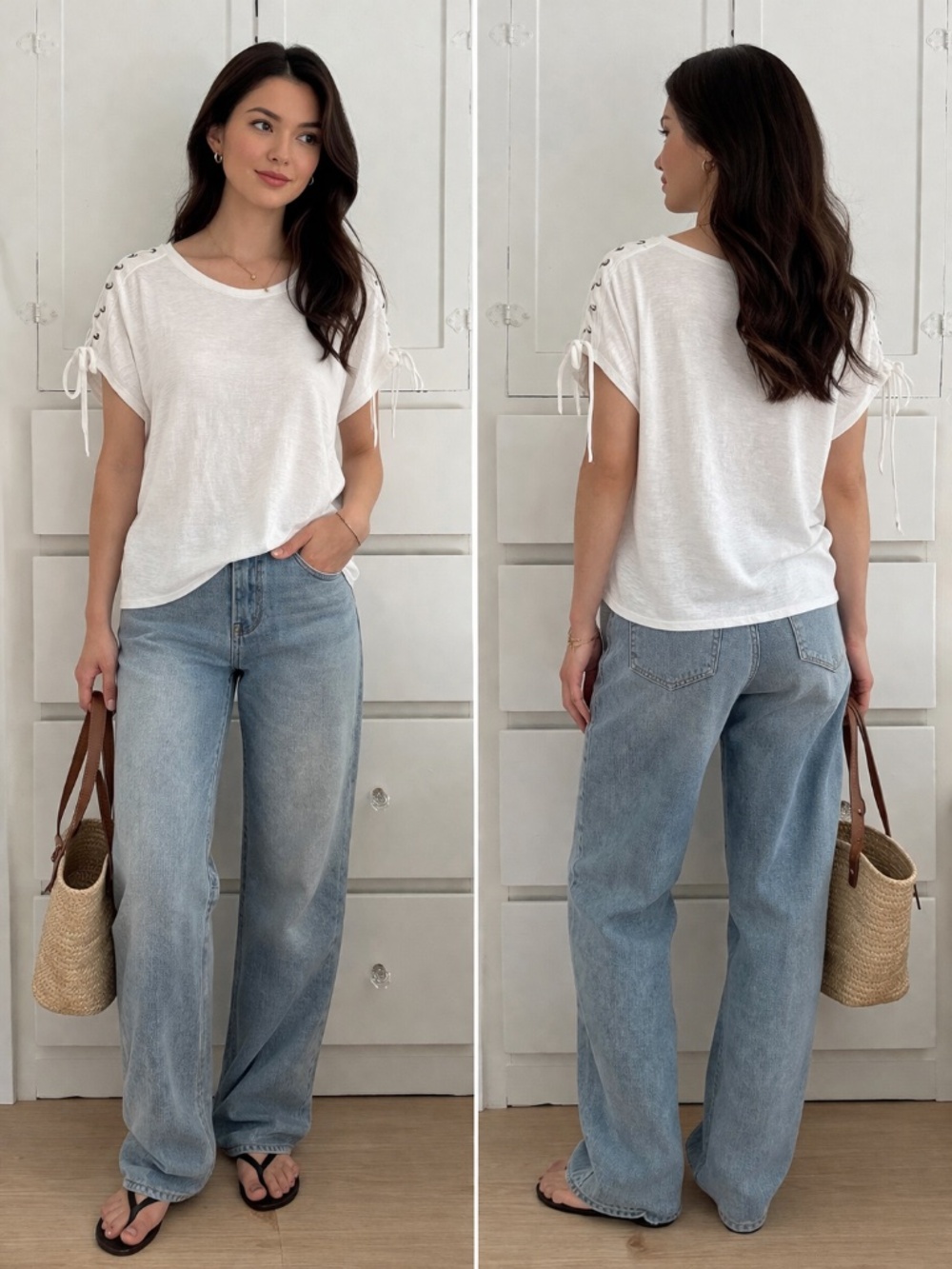 Avec Les Filles White Lace-Up Sleeve Tee Minimalist Short Sleeve Top L